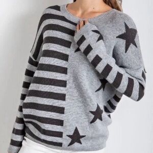NWT Easel Grey Stars and Stripes Oversized Knit Sweater
